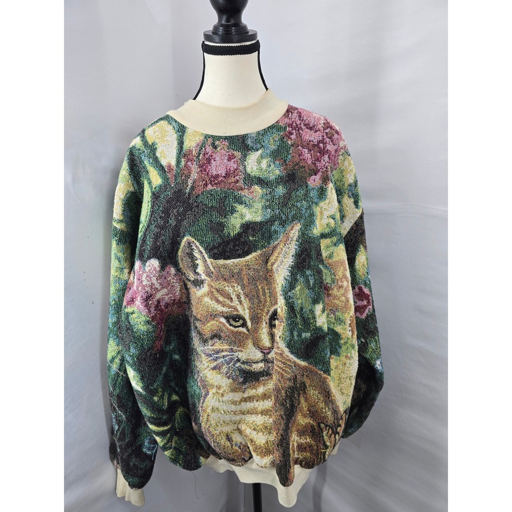 Vintage 90s Woven Tapestry Cat Sweatshirt XL Cotton Made in USA Garden Floral